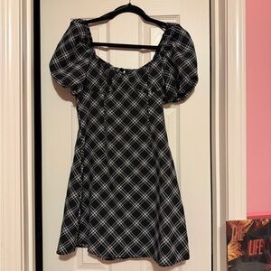 Divided Black and White Plaid Puff Sleeve Mini Dress